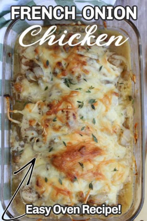 FRENCH ONION CHICKEN BAKE is a quick and easy baked chicken recipe for fellow french onion soup lovers, complete with caramelized onions and a blend of two cheeses. #bakedchicken #chickenrecipe #frenchonionchicken #chickenbake Weight Watcher French Onion Chicken Bake, Chicken Tips And Rice, Chives And Onion Cream Cheese Recipes, Easy French Chicken Recipes, French Onion Dip Chicken Bites, Chicken Potatoes Onions Dinners, French Onion Chicken With Canned Soup, Recipes With Lots Of Onions, Chicken And Rice Casserole Recipes With Lipton Onion Soup