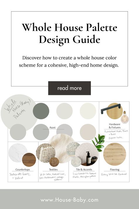 Discover the art of creating a harmonious Whole House Palette with our expert tips! 🎨🏡 Whether you're into a neutral home palette or a bold interior design color scheme, we've got you covered with the latest trends and timeless ideas for 2023. Learn how to effortlessly tie your whole house color scheme together. Elevate your design with our professional design strategies at housebaby.com #WholeHousePalette #InteriorDesignColorScheme #DesignerPaintTips #NeutralHomePalette #InteriorPaintIdeas Earth Tone Color Palette Whole House, How To Create A Whole House Color Scheme, Whole House Coastal Color Palette, 2024 Interior Color Palette, Neutral House Color Scheme, Timeless Home Color Schemes, Rental House Color Scheme, Color Palette For Whole House, Whole House Paint Color Palette