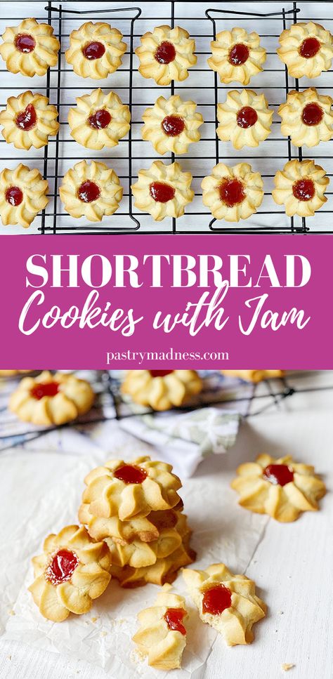 Shortbread Biscuits Strawberry, Strawberry Jam Shortbread Cookies, Shortbread And Jam Cookies, Easy Jam Cookies, Jam Filled Shortbread Cookies, What To Make With Jam, Strawberry Butter Cookies, Shortbread Sandwich Cookies, Desserts With Strawberry Jam