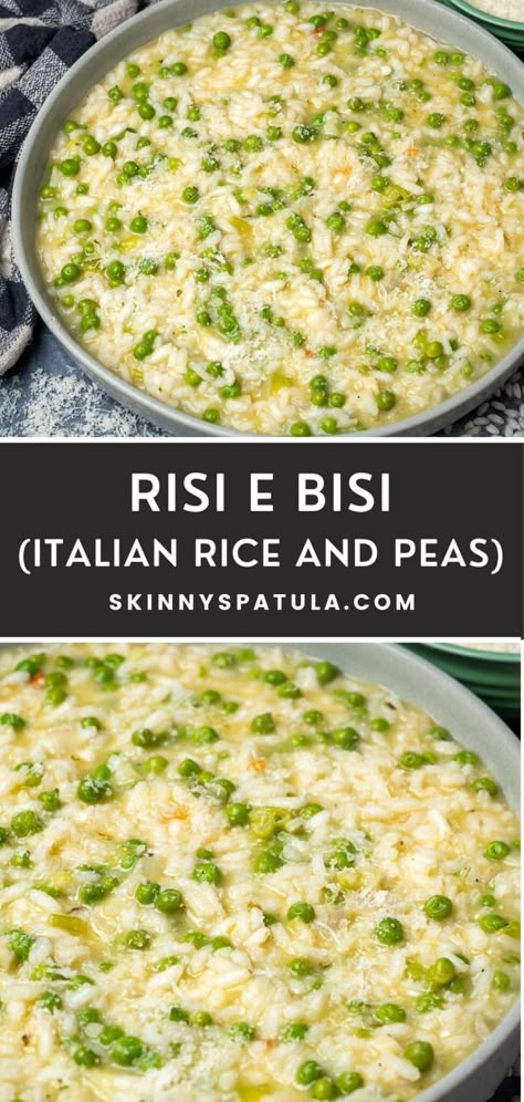 Risi e Bisi (Italian Rice and Peas) Rice And Pea Soup, Pea And Rice Recipe, Sweet Pea Side Dishes, Rice And Greens, Pea Rissoto Recipes, Creamy Rice Pilaf, Risi E Bisi Recipe, Rice Pilaf With Peas, Italian Style Rice Recipes