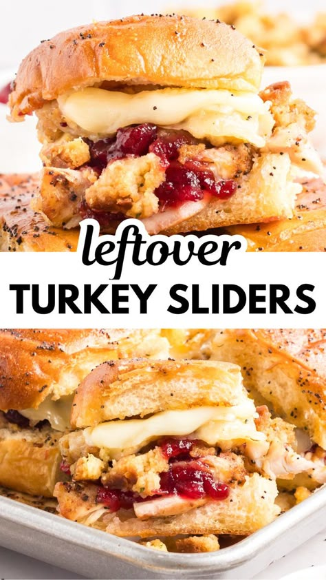 Enjoy the flavors of Thanksgiving anytime with these savory Turkey Sliders with Cranberry Sauce! Juicy leftover turkey, stuffing, and cranberry sauce are layered with melty cheese in tender slider buns and then topped with a sweet butter mustard glaze. Bet you can’t eat just one! They’re the perfect way to use up those turkey leftovers! Turkey Stuffing Cranberry Sliders, Savory Turkey Sliders, Turkey And Stuffing Sliders, Turkey Leftover Sliders, Hot Turkey And Cheese Sliders, Thanksgiving Sliders Hawaiian Rolls, Turkey Sliders On Hawaiian Rolls Easy, Hawaiian Roll Sliders Turkey, Turkey Sliders Recipes