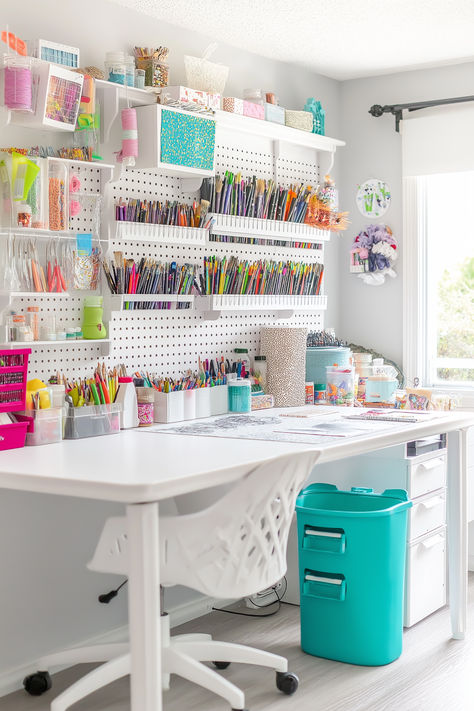 Unlock the full potential of your craft room with my 47 inspiring designs and organization hacks. Learn how to create a space that’s not only functional but is also beautiful and inspiring. Head over to explore these ideas to transform your craft room today! RealEstateSpice.com #YourBestSpace #CraftRoom Craft Room And Office Ideas, Tiny Craft Space Ideas, Shared Craft Room, Pegboard Organization Craft Room, Arts And Crafts Room Decor, Craft Set Up, Pastel Craft Room, Dream Craft Room Small Spaces, Cricut Craft Room Small Space