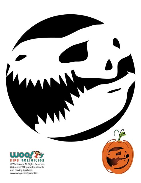 T-Rex Dinosaur Pumpkin Pattern | Woo! Jr. Kids Activities Dinosaur Pumpkin Carving Template, T Rex Pumpkin Carving Pattern, Boy Pumpkin Carving Ideas, T Rex Pumpkin Carving, Dinasour Pumpkin Carving, Dinosaur Pumpkin Decorating Ideas, Pumpkin Carving Dinosaur, Pumpkin Carving Ideas Dinosaur, Dinosaur Pumpkin Carving Stencil