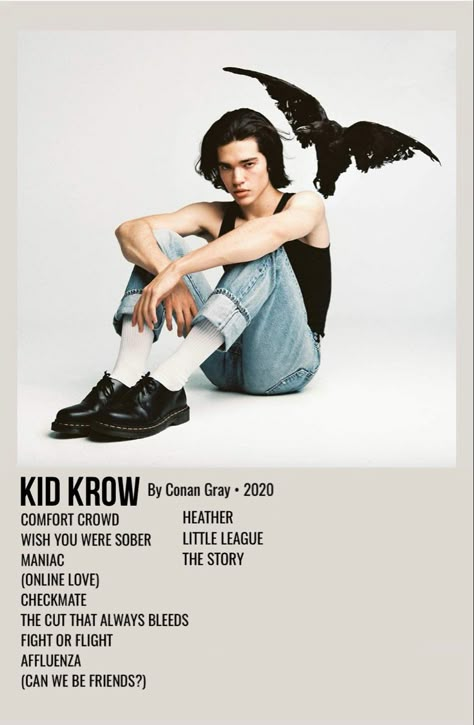 minimal polaroid album poster for kid krow by conan gray Gray Album Covers, Minimalist Music, Conan Gray Aesthetic, Music Poster Ideas, Vintage Music Posters, Film Posters Minimalist, Music Collage, Music Poster Design, Movie Poster Wall