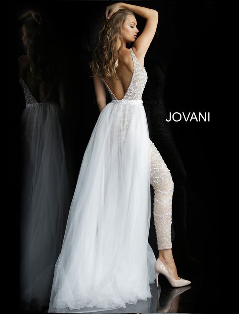 Jovani 60010 | Nude white beaded V neck wedding jumpsuit. Prom Jumpsuit, Wedding Dress Jumpsuit, Tulle Overskirt, Beaded Jumpsuit, Informal Wedding Dresses, Embellished Jumpsuit, Informal Weddings, Jovani Prom, Gaun Fashion