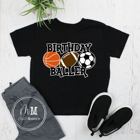 The perfect shirt for the coolest birthday baller, complete with your age and name on the back for a traditional jersey look. Check our shop for the family shirt set so everyone can match on the big day. Youth Shirt Details: - 4.5oz 100% combed ringspun cotton - Soft feel material in black - Design includes the birthday baller with basketball, football, and soccer ball - Design colors are shown (if you want to make changes, reach out to us!) - On back is your child's name and age - True to size Ball Theme 2nd Birthday Party, Sport Shirt Design Football, Born To Ball Birthday Theme, Born Two Ball Birthday, Sports Birthday Shirt, Sport Birthday, Baseball Theme Birthday, Birthday Graphic, Toddler Sports