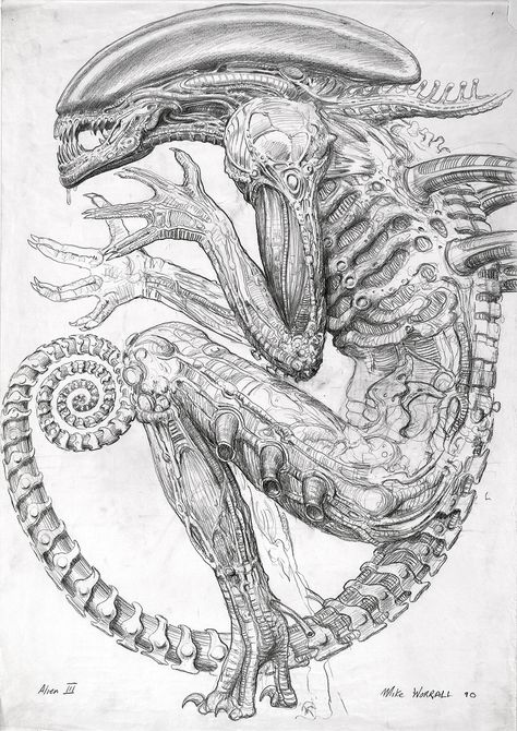 Never-Before-Seen Sketches That Inspired the Birth of Alien | Mike Worrall produced this 1990 concept drawing of the xenomorph for Alien3.  TM Hr Giger Art, Giger Alien, Giger Art, Alien Artwork, Art Alien, Arte Alien, Aliens Movie, Alien Vs Predator, Alien Vs