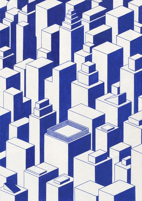 City, 21 x 29,7 cm, ink on paper, Kevin Lucbert, 2015 Kevin Lucbert, Gestalt Principles, Biro Drawing, Ben Schwartz, Biro Art, Ballpoint Pen Drawing, Isometric Drawing, Pattern Painting, Isometric Art