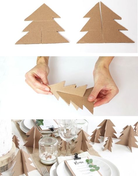 sapin carton décoration de table Christmas Diy Table Decor, Easy Christmas Table Decor, New Years Decoration Ideas, Diy Christmas Table Decor, Diy Winter Decorations, Christmas Decor Table, Cardboard Tree, Christmas Table Decorations Diy, Cardboard Christmas Tree