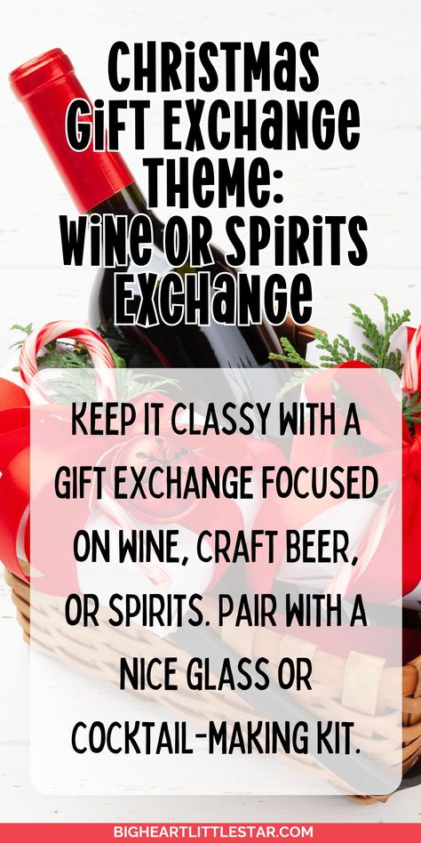 Take your holiday gathering to the next level with a wine and spirits Christmas gift exchange! Invite guests to bring a bottle or festive spirit for a fun and stylish swap perfect for adults. This gift exchange idea will let everyone discover new favorites and bring home something special for the holidays! Christmas Gift Exchange Themes, Holiday Party Gift Exchange Ideas, Christmas Gift Theme Ideas, Christmas Party Exchange Ideas Christmas Gift Theme Ideas, Gift Theme Ideas, Wine Exchange Party, Christmas Gift Exchange Themes, Gift Exchange Themes, Cocktail Making Kit, Gift Exchange Ideas, Christmas Gift Themes, Toddler Party Games