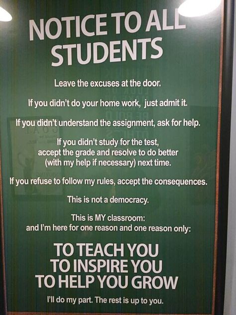 Leave the excuses at the door.  This is not a democracy.  I'm here for one reason only:  To teach you, To inspire you, To help you grow.  I'll do my part.  The rest is up to you. Middle School Quotes, Catechism Of The Catholic Church, School Improvement, Mentor Coach, Science Ideas, School Quotes, Study Test, At The Door, Classroom Inspiration