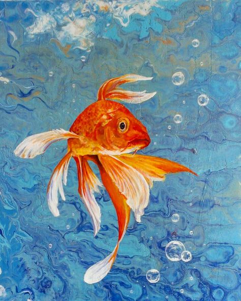 Goldfish. Fluid art. Acrylic painting. Goldfish Swimming Drawing, Tropical Fish Painting Acrylics, Goldfish Art Painting, Goldfish Oil Painting, Goldfish Acrylic Painting, Painted Goldfish, Gold Fish Painting Acrylics, Orange Fish Painting, Fish Acrylic