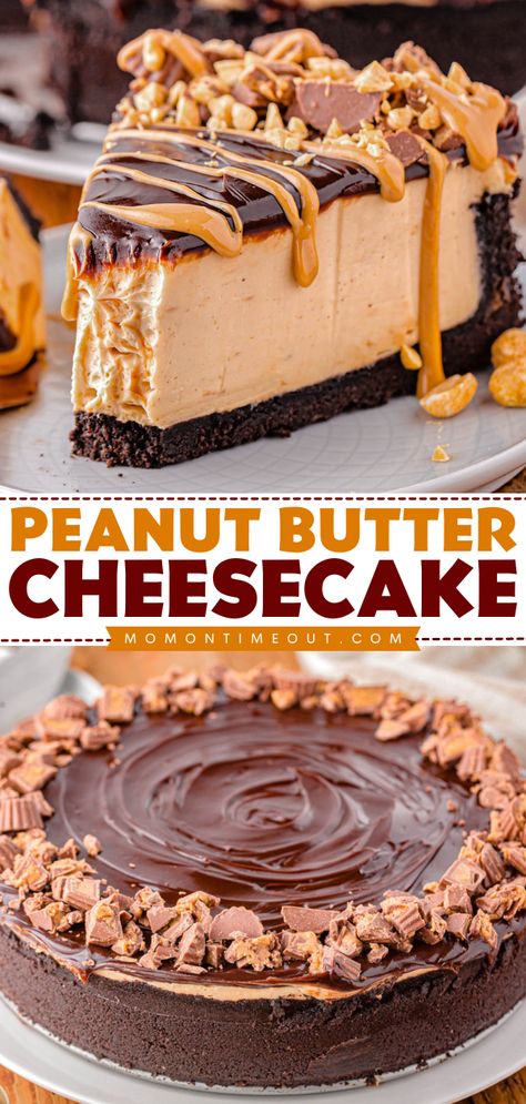 This dreamy Peanut Butter Cheesecake recipe features a decadently creamy peanut butter filling, crunchy OREO crust and luscious chocolate ganache topping. Every bit as indulgent as it sounds! Perfect for potlucks, parties, holidays and more! Peanut Butter Pie Cheesecake, Chocolate Dessert For Potluck, Peanut Butter Cheesecake With Oreo Crust, Peanut Butter Topping For Cheesecake, Chocolate Pb Cheesecake, Dessert Recipes Chocolate Peanut Butter, Peanut Butter Cheesecake Cake, Chocolate Peanut Butter Cheesecake Recipes, No Bake Peanut Butter Chocolate Cheesecake