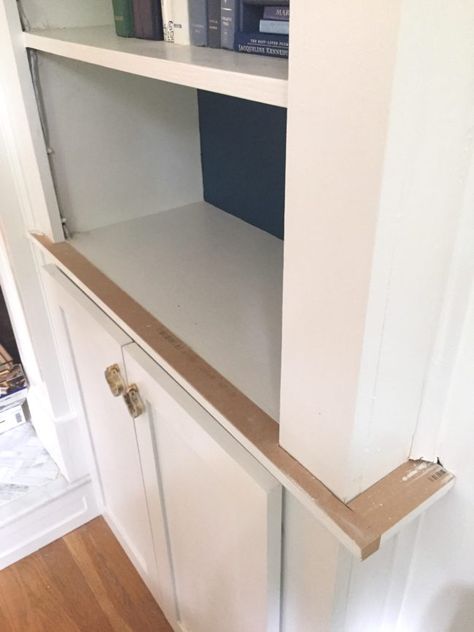 Updating & Adding Cabinet Doors To Built-In Bookcases - Shine Your Light Add Doors To Bookcase, Cabinet Door Ideas, Bookshelf Diy, Diy Cabinet Doors, Diy Fireplace Makeover, Bookshelf Cabinet, Bookcase Diy, Bookcase Door, Update Cabinets