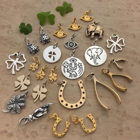 St. Patrick's day is around the corner. I hope everyone has their good luck talismans ready   #ninadesigns #ninadesignsjewelry #talisman #talismanjewelry #luckyclover #luckyhorseshoe #elephantjewelry #luckywishbone #luckyelephant #stpatricksday #shamrock #handmadjewelry #mixedmetals #artisanjewelry #luckynecklace #luckycharm #vermeil #sterlingsilver #evileye #evileyejewelry Good Luck Jewelry, Good Luck Charms, Lucky Jewelry, Talisman Jewelry, Elephant Jewelry, Horseshoe Art, Indie Jewelry, Charm Collection, Lucky Horseshoe