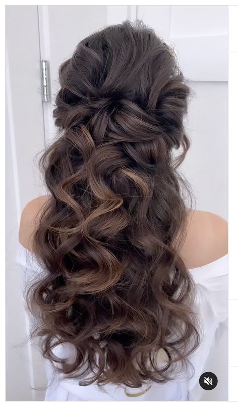 Elegant Hairstyles Down Curls, Fancy Hair Half Up Half Down, Bridal Hair Half Up Half Down Glam, Big Curls Wedding Hair Half Up, Half Up Half Down Wedding Hair Off The Shoulder Dress, Prom Hairstyles For Long Brown Hair, Bridal Hair Half Up Hollywood Waves, Long Brown Hair Wedding, Glam Hairstyles For Long Hair Half Up