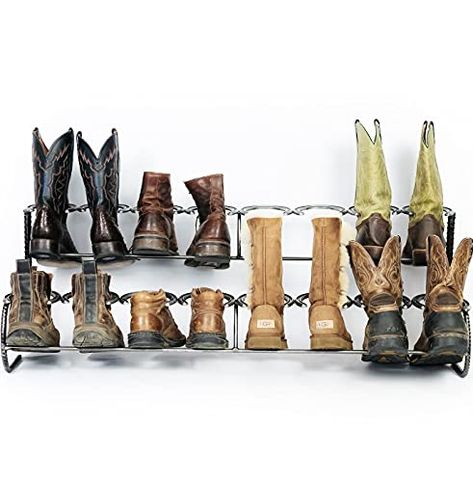 The Heritage Forge Rustic Boot Rack Storage Horseshoe Boot Rack, Tims Boots, Rustic Boots, Western Rugs, Boot Organization, Boot Rack, Boot Storage, Tassel Pillow, Sustainable Supply Chain