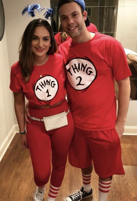 Easy couples costume thing 1 and thing 2! Thing 1 Thing 2 Costume Couple, Thing 1 Thing 2 Costume, Thing 2 Costume, Couples Costume Halloween, Easy Couples Costumes, Costume Couple, Thing 1 And Thing 2, Halloween Couples, Costumes Couples