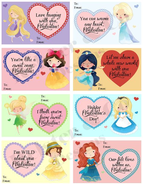 Princess Valentines Cards, Valentine Fairy, Kids Affirmations, Princess Valentines, Vday Cards, Diy Valentines Cards, Valentines Day Coloring Page, Disney Valentines, Printable Valentines Cards