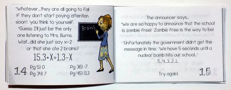 This Equations with Variables on Both Sides Zombie Flip Book would be such a fun activity for my 8th Grade Math or Algebra students.  This would be a great end of year or test prep activity too! 8th Grade Math Worksheets, Test Prep Activities, High School Math Classroom, Flip Books, Fun Test, Solving Equations, 8th Grade Math, Algebra 1, Eighth Grade