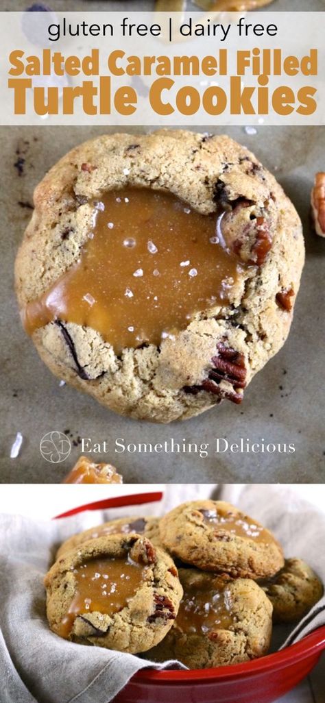 Salted Caramel Filled Turtle Cookies | Eat Something Delicious Rosemary Shortbread, Taffy Apple, Apple Pizza, Cookies With Chocolate, Turtle Cookies, Cookies Soft, Eat Something, Salted Caramel Sauce, Best Gluten Free Recipes