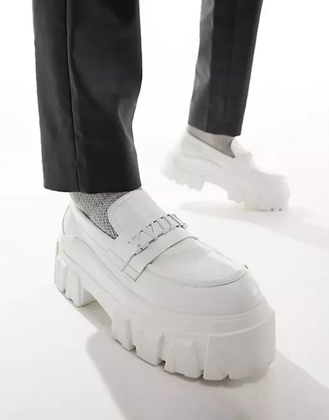 ASOS DESIGN chunky loafers in white faux leather | ASOS Chunky Loafers Men, White Chunky Loafers, Leather Trend, Chunky Loafers, Boots Sneakers, White Boots, Boots And Sneakers, Sunglasses Shop, Sneaker Shopping