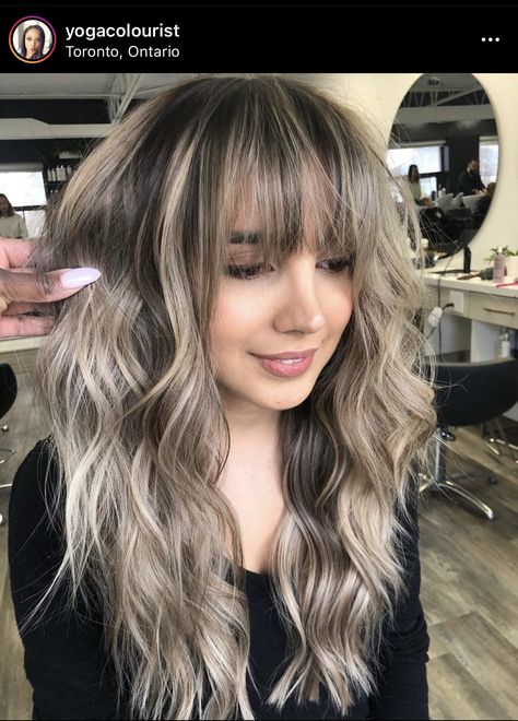 Hair Color And Style For Women Over 40, Long Shag Haircut With Highlights, Long Hairstyles For Full Faces, Highlights With Bangs Brown, Medium Piece Tattoo, Light Brown Balayage With Bangs, Side Bangs With Money Piece, Mushroom Hair With Money Piece, Brown Hair Blonde Highlights With Bangs