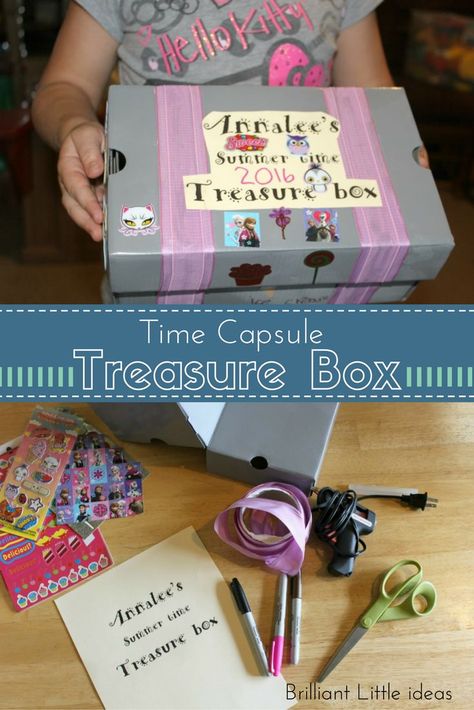 Time Capsule Treasure Box for kids. Shoe box craft, summertime craft, pirate theme craft recycling craft for kids easy kid craft activity Time Capsule Ideas, Fun Table Decorations, Best Friend Crafts, Shoe Box Diy, Baby Art Crafts, Shoe Box Crafts, Recycling For Kids, Summertime Crafts, Travel Crafts