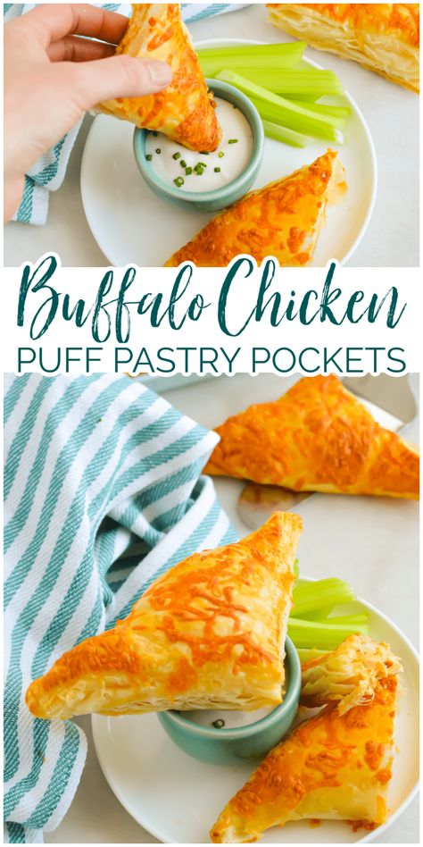 Buffalo Chicken Pockets Crescent Rolls, Buffalo Chicken Hand Pies, Buffalo Chicken Phyllo Rolls, Buffalo Chicken Pockets, Chicken Stuffed Puff Pastry, Buffalo Chicken Dip Puff Pastry, Buffalo Chicken Pastry Puffs, Puff Pastry Buffalo Chicken, Buffalo Chicken Puffs