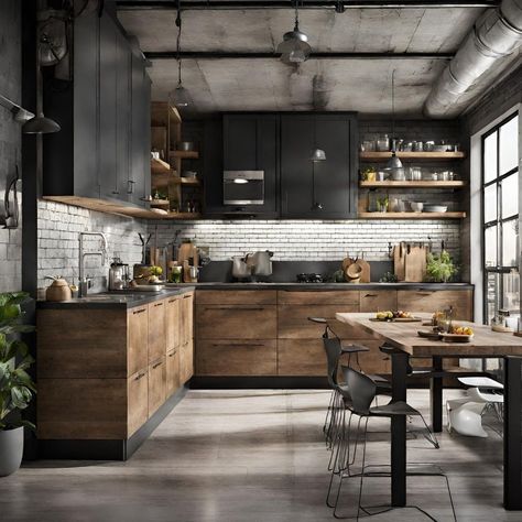 Scandi Industrial Kitchen, Cozy Industrial Kitchen, Dark Industrial Kitchen, Black And Wooden Kitchen, Scandi Industrial Interior, Kitchen Black And Wood, Black And Wood Living Room, Wood And Black Kitchen, Kitchen Industrial Style