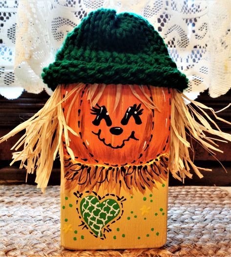 WOOD BLOCK Scarecrow Shelf  SITTER Halloween Fall Autumn Country Primitive Rustic Sign Handcrafted Hand Painted  Wooden Decor Door Hanger Block Scarecrow, Block Pumpkins, Primitive Halloween Decor, Painted Pavers, Autumn Country, Country Primitive Decor, Primitive Halloween, Hand Painted Decor, Country Charm