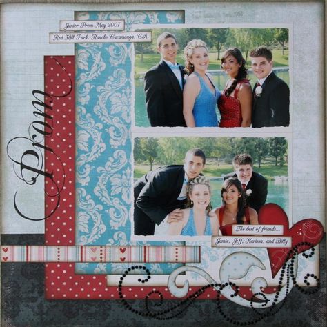 It will be quite awhile until I need to make this page, at least another ten years...LOL.  But I really like the layout. Scrapbook Prom Layouts, Scrapbook Prom, Prom Scrapbook, Dance Scrapbook, Horizontal Photos, School Scrapbook Layouts, Graduation Scrapbook, Wedding Scrapbooking Layouts, Scrapbooking Wedding