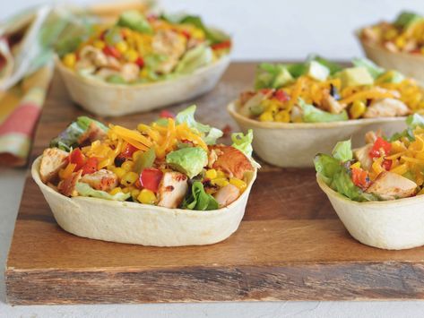 Soft Tortilla Bowl Recipes, Soft Tortilla Bowl Recipe Ideas, Taco Boats Recipes, Chicken Strip Tortilla Wraps, Bell Pepper Taco Boats, Chicken Taco Mexican Pinwheels, Chicken Fajita Lunch Bowls, Tortilla Bowls Recipes, Fajita Chicken Wraps Tortillas