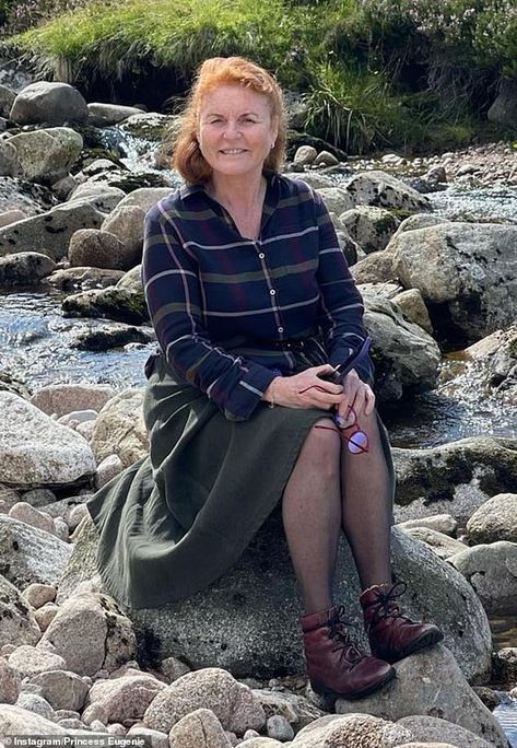 Another image shared by Eugenie to mark Sarah's (pictured) birthday was this photo of the Duchess sitting on a rock during a rural walk Sarah Ferguson Today, Sarah Duchess Of York, Happy Birthday Dear, Sarah Ferguson, Duchess Of York, Princess Eugenie, Prince Andrew, Birthday Greeting, The Duchess