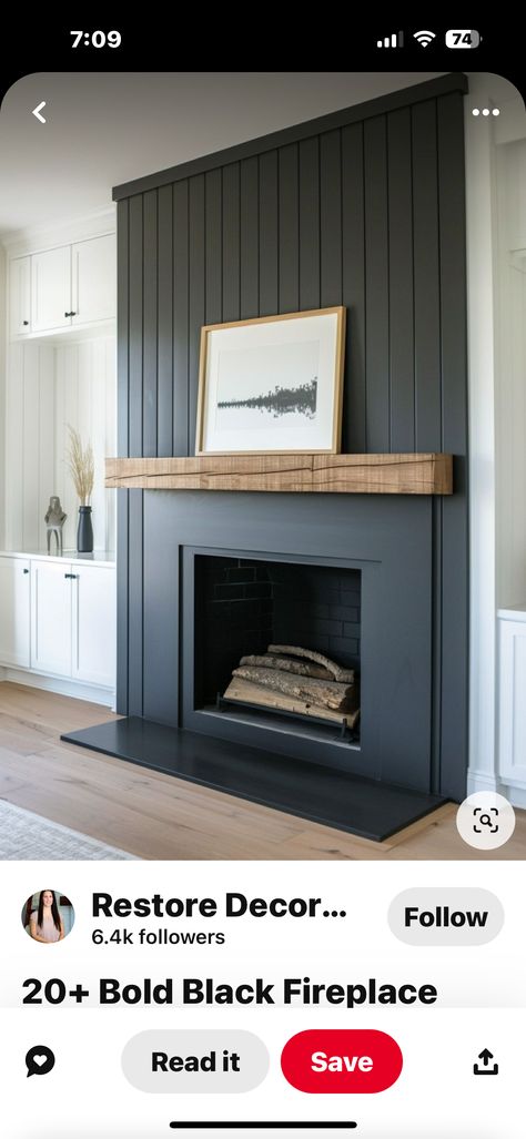 Black Painted Fireplace Wall, White Fireplace Accent Wall, Black Granite Fireplace Surround, White Brick Fireplace With Black Mantle, Brick Fireplace Makeover Black, Black Fireplace Wood Mantle, Beadboard Fireplace, Rh Fireplace, 2024 Fireplace Trends