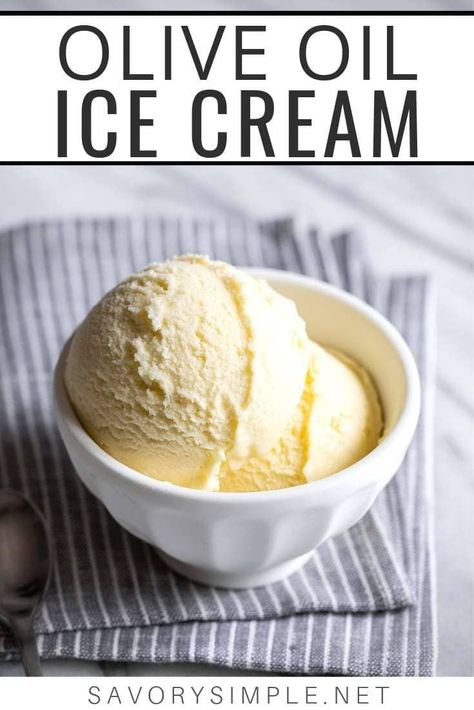 It might sound unusual, but olive oil ice cream is amazing; it’s rich and creamy with a hint of fruity olive oil flavor. #icecream #oliveoil #dessert #savorysimple Horchata Ice Cream, Baileys Ice Cream, Olive Oil Ice Cream, Homemade Vanilla Ice Cream, Plating Techniques, Frozen Dessert Recipe, Keto Ice Cream, Healthy Ice Cream, Unique Desserts