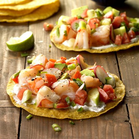 Shrimp Tostadas with Lime-Cilantro Sauce Mexican Shrimp Ceviche, Tostadas Recipes, Taco Meals, Ceviche Tostada, Shrimp Tostada, Taco Appetizers, Tostada Recipe, Shrimp Tostadas, Farm Cooking