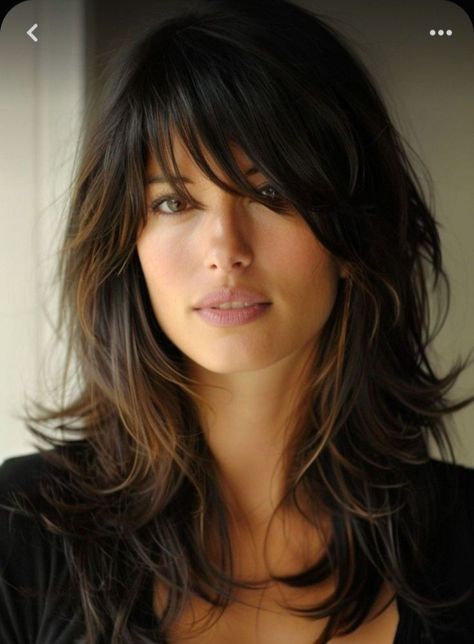 Razored Haircuts Medium, Hair Ideas For Brunettes With Bangs, Best Hairstyles To Hide Grey Roots, Long Layered Haircuts With Fringe, Medium Length Hair Cuts With Layers Fine, Long Bangs Layered Hair, Layers And Bangs For Long Hair, Hair Cuts With Long Bangs, Long Length Haircut With Bangs