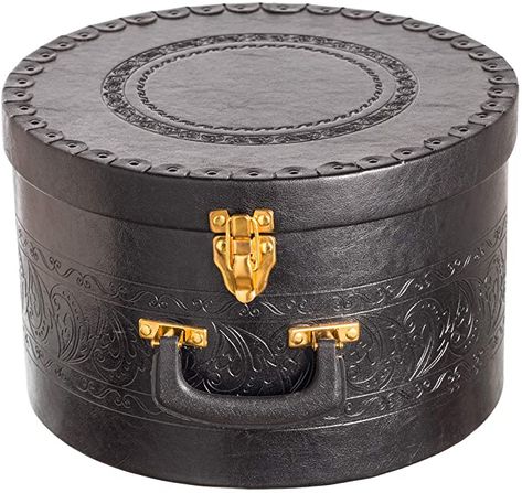 Amazon.com - Hat Box for Men & Women Storage - Round Hat Box Container Easy Travel with Gold locking Lid and Sturdy Handle For Carrying Cowboy Round or Sun Beach Hats and Caps. (Black) - Lids Hat, Large Hat, Hats And Caps, Round Hat, Hat Storage, Home Fragrance Accessories, Large Hats, Wide Brim Fedora, Hat Boxes