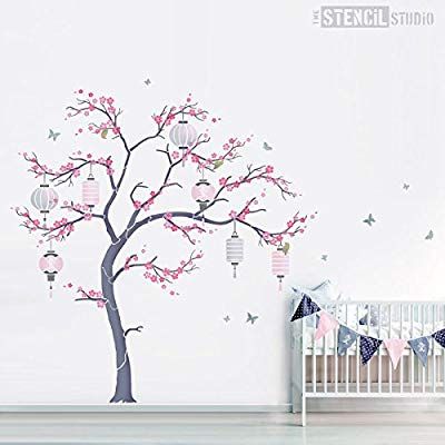 Japanese Cherry Blossom Nursery Tree Stencil Pack - all you need to create a beautiful Japanese Sakura wall mural. Ideal for a Nursery or Child's bedroom. (10672): Amazon.co.uk: DIY & Tools Paper Tree On Wall, Sakura Tree Painting, Tree Nursery Wall, Cherry Blossom Nursery, Bird Stencils, Butterfly Stencils, Stenciled Wall Decor, Nursery Tree, Wall Stencils Diy