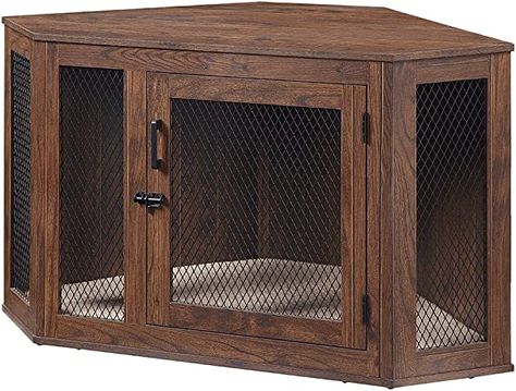 CORNER USE DESIGN: A perfect space saving solution in limited room. This functional corner dog crate helps to maximize space while keeping room more tidy and organized. QUALITY & DURABLE: Designed with mesh and durable pressed wood. Perfect for small trained dogs (up to 40lbs). It is roomy to walk around. Please note that the pressed wood is not chew-proof. Corner Dog Crate, Wood Dog Crate, Crate End Tables, Puppy Kennel, Wooden Dog Kennels, Wooden Dog Crate, Dog Corner, Large Dog Crate, Dog Crate Furniture