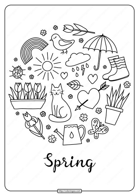 Free printable Spring pdf coloring pages and books for kids of all ages. You can print or download them to color and offer them to your family and friends. #printable #pdf #spring #coloringpage #coloringbook #drawing #painting #adult Spring Colouring Sheet, Spring Colouring Pages Preschool, Happy Spring Coloring Pages, Spring Flowers Coloring Pages, Spring Time Coloring Pages, Painting Pages, Spring Drawing, Coloring Drawing, Bulletin Journal