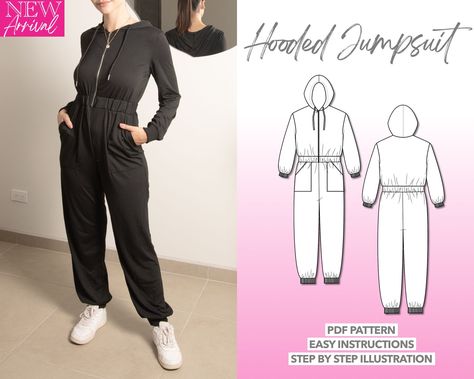 Zip Up Jumpsuit, Sewing Pattern Women, Jumpsuit Sewing Pattern, Jumpsuit Sewing, Cute Tube Tops, Hooded Jumpsuit, Romper Sewing Pattern, Jumpsuit Pattern Sewing, Sewing Instructions