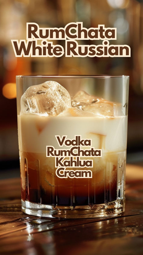 RumChata White Russian Rumchata Martini Recipes, Good Bar Drinks, Egg Nog White Russian, Rumchata Apple Cider, Vanilla Rum Cocktail Recipes, Tequila Cream Drinks, Drinks With Rum Chata Recipes, Spring Alcoholic Drinks, Eggnog White Russian Cocktails