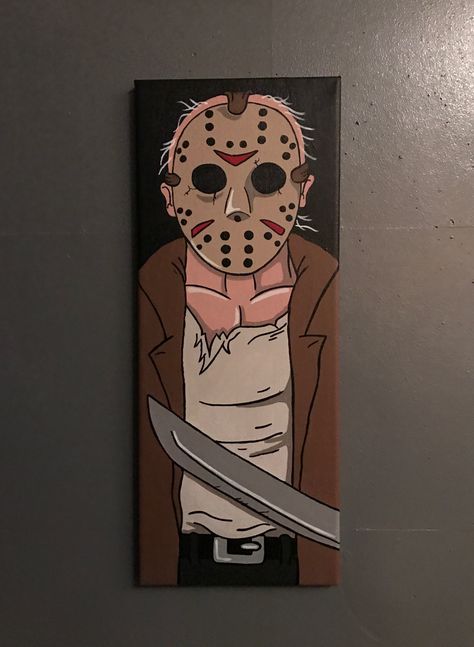 Jason Voorhess canvas Jason Painting Halloween, Jason Painting Canvas, Horror Canvas Painting, Jason Painting, Horror Paintings Easy, Movie Canvas Painting, Halloween Canvas Paintings, Cute Canvas Paintings, Cartoon Painting