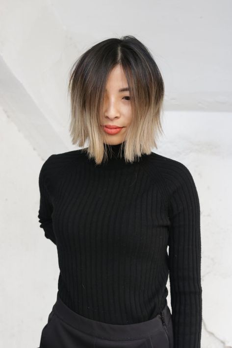 Highlighted Bob Hair, Brown Ombre Bob Hair, Chin Length Ombre Hair, Asian Short Hair With Highlights, Black To Blonde Ombre Hair Short, Dark Bob Hair, Edgy Bob With Bangs, Short Hair Ombre Balayage, Bob Ombre Hair