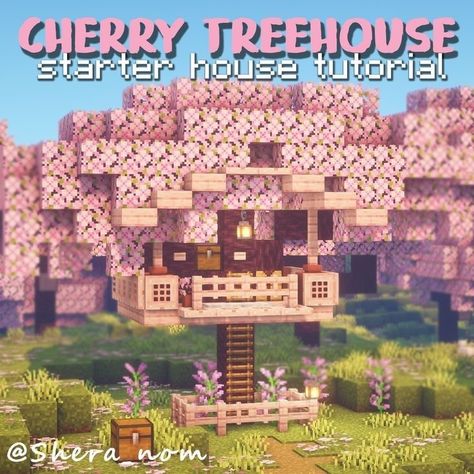 Cute Minecraft Cow Pen, Cherry Treehouse Minecraft, Cute Things To Build In Minecraft For Your Girlfriend, Cherry Blossom Bedroom Ideas Minecraft, Kidcore Minecraft Builds, Simple Cherry Blossom House Minecraft, Fairycore Minecraft Builds Vanilla, Cute Minecraft Houses Cherry Blossom, Minecraft Cherry Tree House