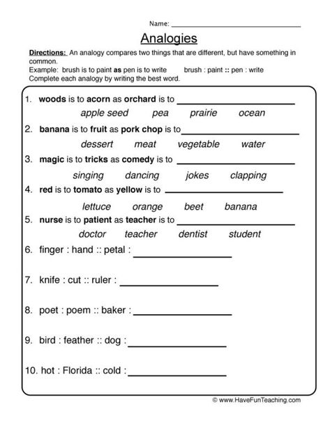 Analogies - Have Fun Teaching 6th Grade English Worksheets, Anticipatory Set Ideas, Analogy Worksheet, Analogies Worksheet, Summarizing Worksheet, 6th Grade English, Grammar Help, Free English Worksheets, 3rd Grade Teaching