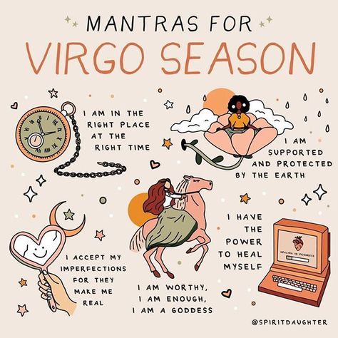 Shut Up & Yoga 🤸‍♂️ @jordanparkerreed, @spiritdaughter, and @tarotwithjo. text that says 'MANTRAS FOR VIRGO SEASON イ AMINTHE AM IN THE RIGHT PLACE AT THE RIGHT TIME 1 AM SUPPORTED AND PROTECTED BY THE EARTH IHAVE THE POWER TO HEAL MYSELF ACCEPT MY IMPERFECTIONS FOR THEY MAKE ME REAL MEALING PROSRESS AM WORTHY, AM ENOUGH, AM GODDESS @SPIRITDAUGHTER'. Virgo Season Affirmations, Crystal Journal, Virgo Goddess, Virgo Art, Virgo Season, Witch Stuff, Astrology Virgo, Witch Craft, Virgo Horoscope