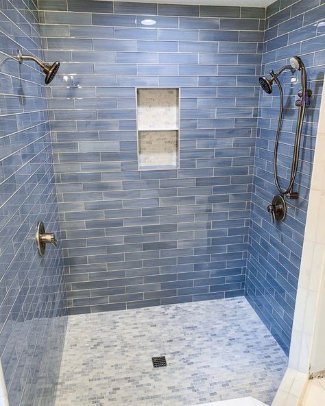 A Color Story: Blue - The Tile Shop Blog Blue Bathroom Scheme, White And Blue Bathroom Tile, Tiles Floor For Bathroom, Shower With Blue Tile, Blue Shower Floor Tile Ideas, White And Blue Shower Tile Ideas, Blue Subway Tile Shower Ideas, Blue Tile Showers, Blue And White Shower Tile Ideas